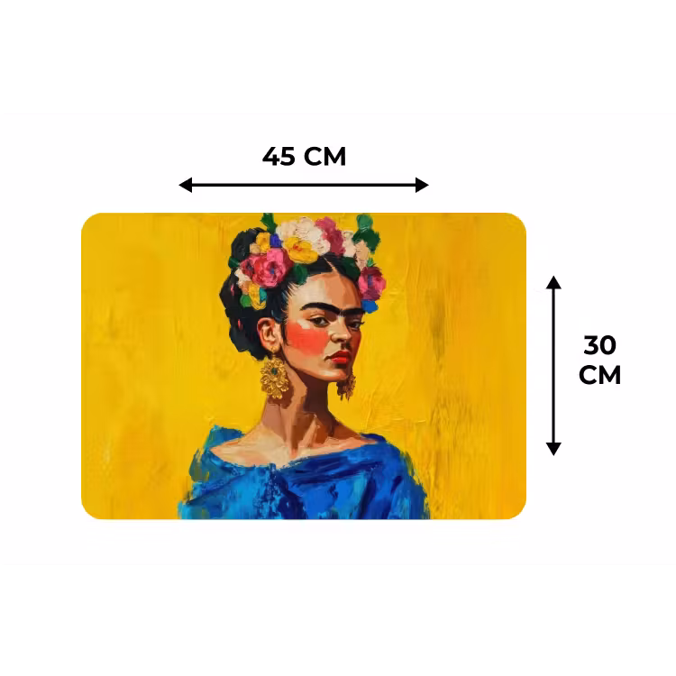 Frida Kahlo - Vrouw - Geel - Blauw - Bloemen Placemat vinyl groot -specs