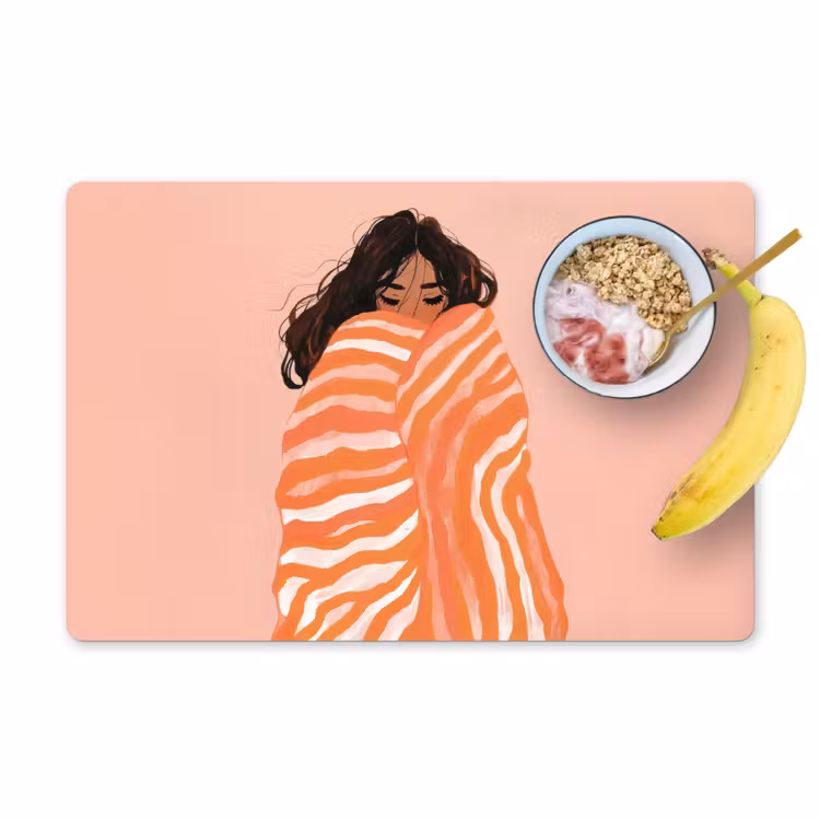 Meisje - Deken - Gestreept - Oranje Placemat vinyl groot -zzzproduct_Kitchenyeah-website