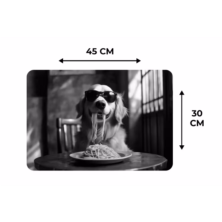 Golden Retriever - Hond - Vrolijk -  Bord spaghetti - Zwart - wit Placemat vinyl groot -specs