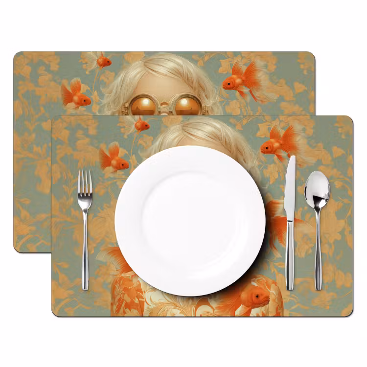 Goudvissen - Oranje - Vrouw - Blond Placemat vinyl groot -zzsfeer2_Kitchenyeah-website