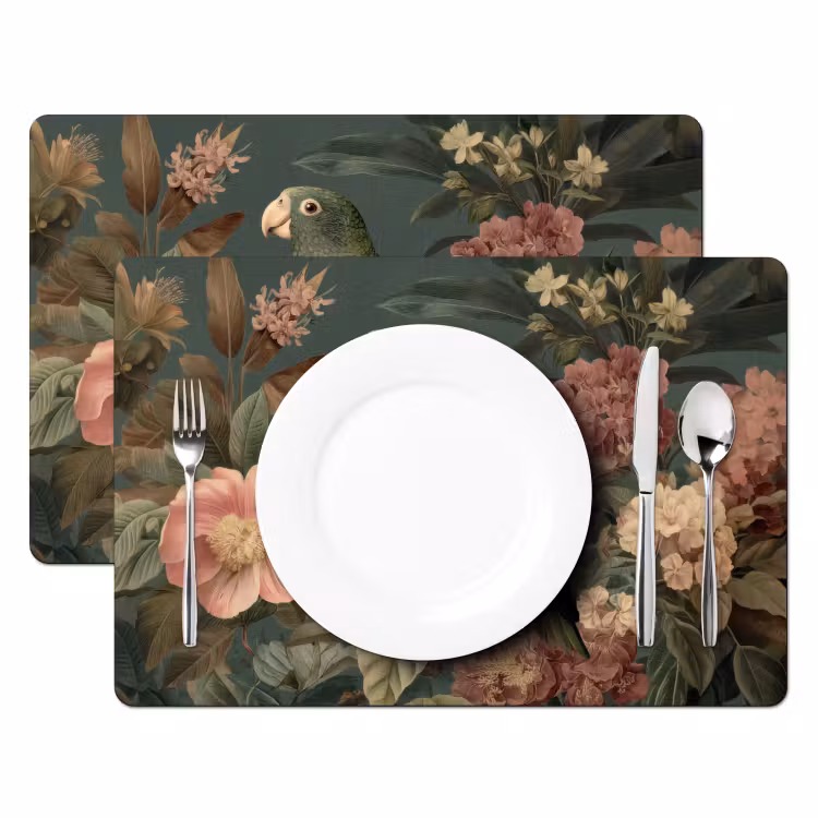 Groene papegaai - Kleurrijke bloemen - Donkere achtergrond Placemat vinyl groot -zzsfeer2_Kitchenyeah-website
