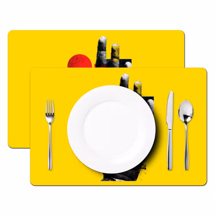 Hand - Rode cirkel - Geel Placemat vinyl groot -zzsfeer2_Kitchenyeah-website