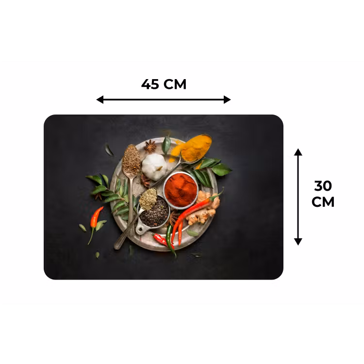 Kruiden - Bord - Peper - Zwart - Lepels - Zilver Placemat vinyl groot -specs