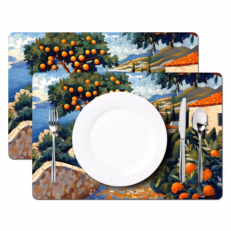 Huizen - Mozaïek - Sinaasappelbomen - Zee Placemat vinyl groot -zzsfeer2_Kitchenyeah-website