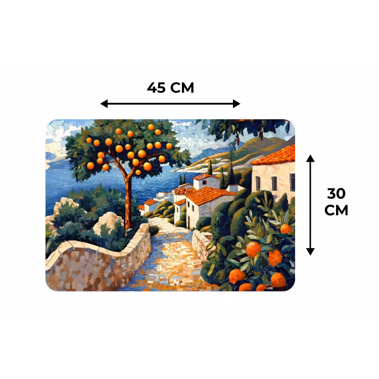 Huizen - Mozaïek - Sinaasappelbomen - Zee Placemat vinyl groot -specs