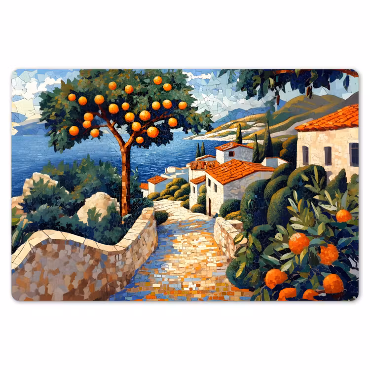 Huizen - Mozaïek - Sinaasappelbomen - Zee Placemat vinyl groot -zzsfeer1_Kitchenyeah-website