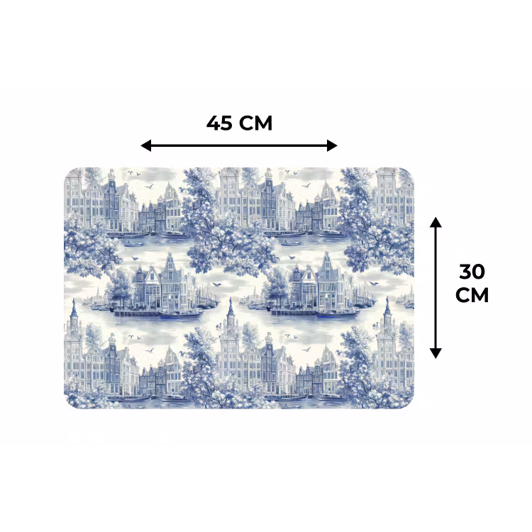Huizen - Bomen - Water - Vogels - Blauw Placemat vinyl groot 368 -specs