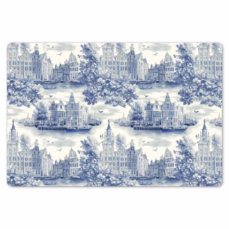 Huizen - Bomen - Water - Vogels - Blauw Placemat vinyl groot 368 -zzsfeer1_Kitchenyeah-website