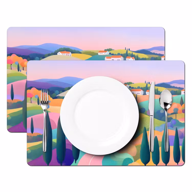 Landschap - Paars - Pastel - Huizen Placemat vinyl groot -zzsfeer2_Kitchenyeah-website