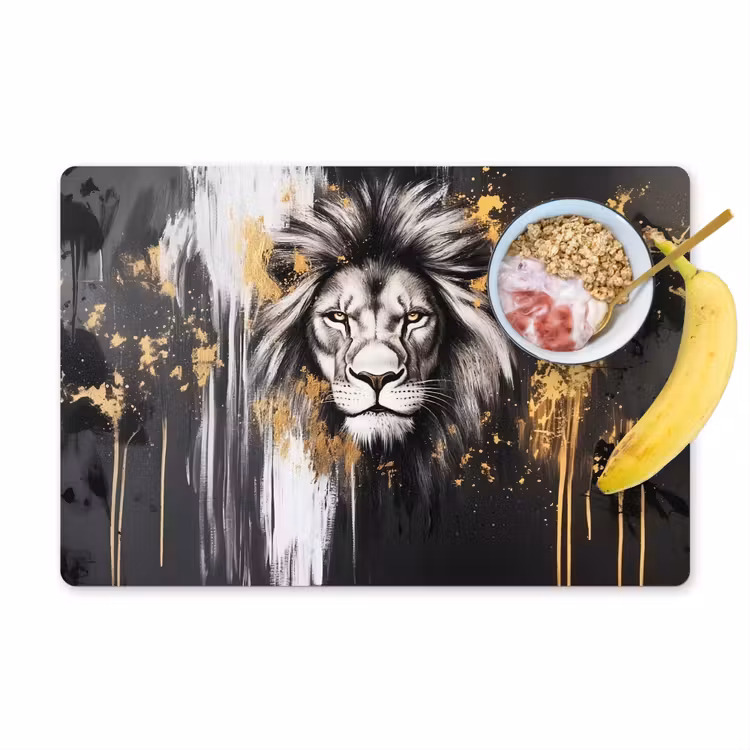 Leeuw - Portret - Verfspatten - Grijs Placemat vinyl groot -zzzproduct_Kitchenyeah-website