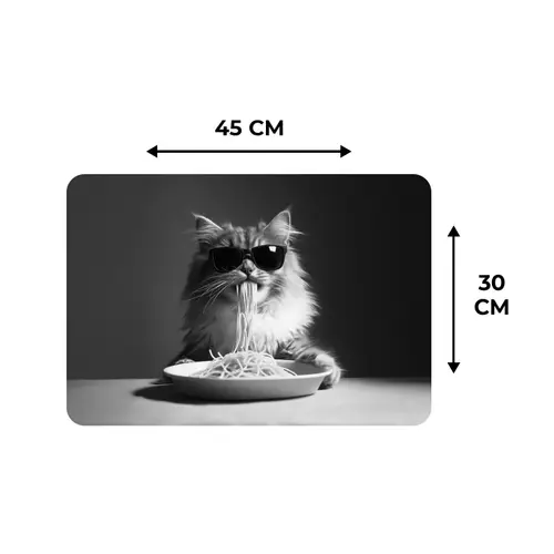 Langharige kat - Zonnebril - Spaghetti - Humor - Zwart - wit Placemat vinyl groot -specs
