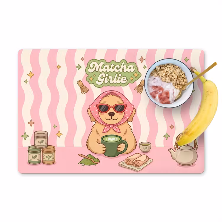 Matcha - Hond - Roze - Groen Placemat vinyl groot -zzzproduct_Kitchenyeah-website
