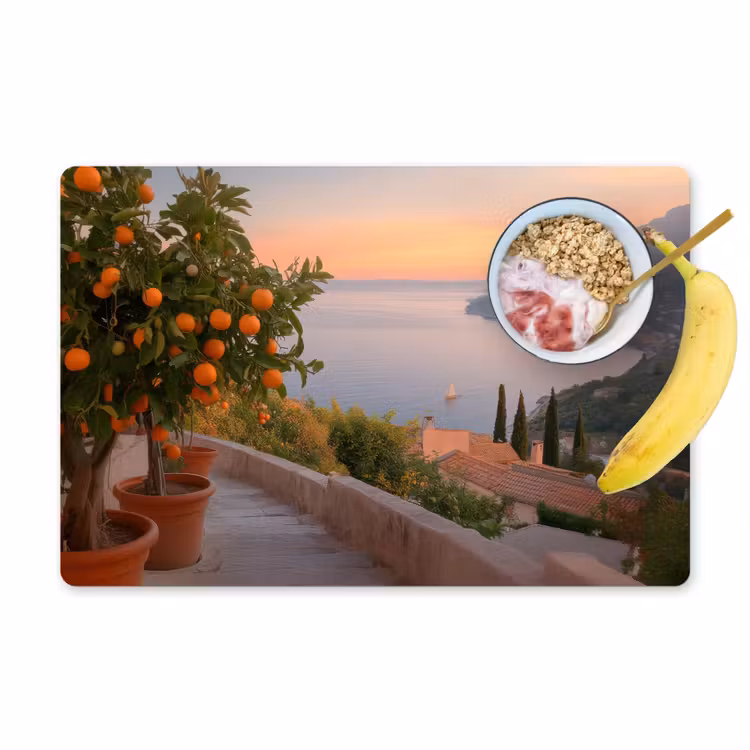 Middelandse zee - Sinaasappel - Heuvels - Zee Placemat vinyl groot -zzzproduct_Kitchenyeah-website