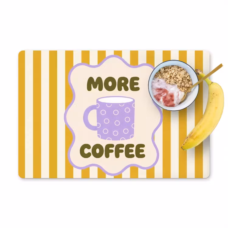 More coffee - Geel - Paars - Strepen - Mok Placemat vinyl groot -zzzproduct_Kitchenyeah-website