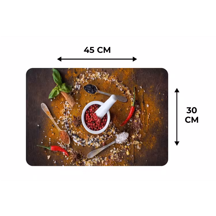 Vijzel - Kruiden - Lepels - Specerijen - Bruin - Peper Placemat vinyl groot -specs