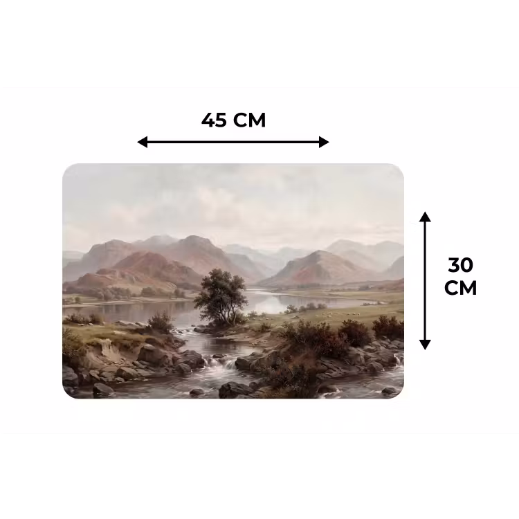 Berglandschap - Meer - Bergen - Vallei - Klassiek Placemat vinyl groot -specs