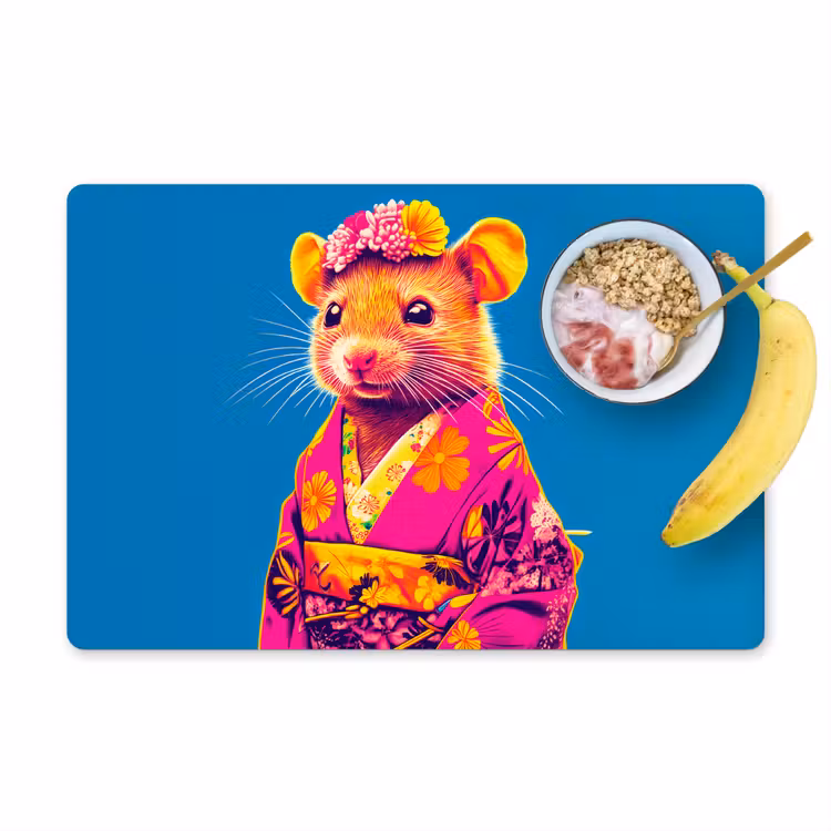Muis - Kimono - Bloemen - Blauw Placemat vinyl groot -zzzproduct_Kitchenyeah-website