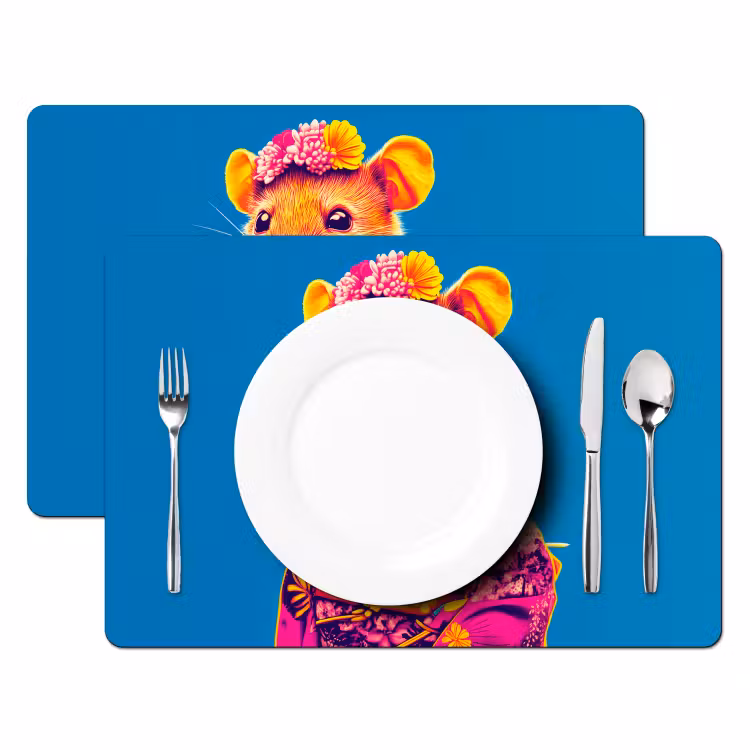 Muis - Kimono - Bloemen - Blauw Placemat vinyl groot -zzsfeer2_Kitchenyeah-website