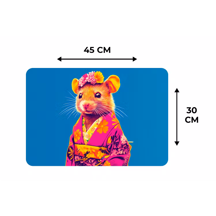Muis - Kimono - Bloemen - Blauw Placemat vinyl groot -specs