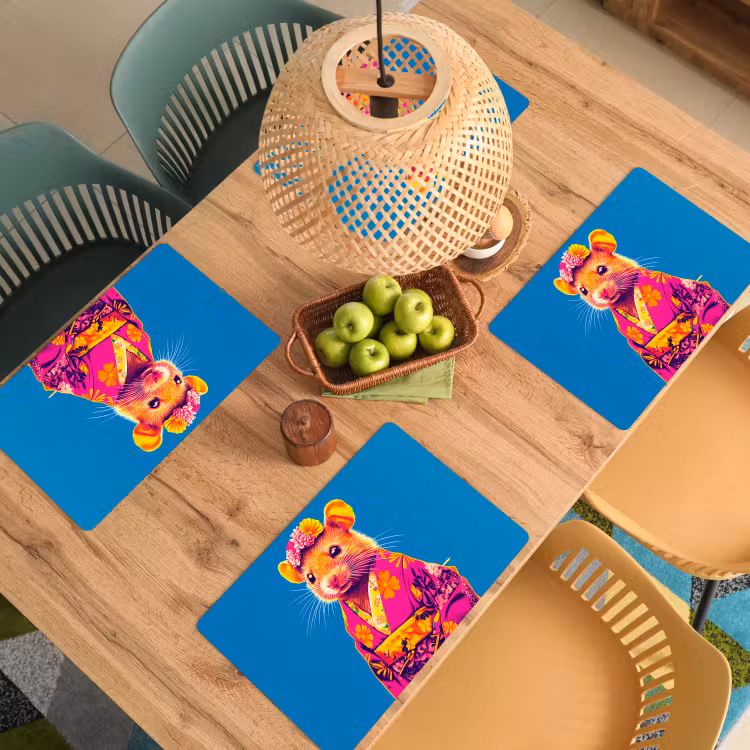 Muis - Kimono - Bloemen - Blauw Placemat vinyl groot -zzsfeer5_Kitchenyeah-website