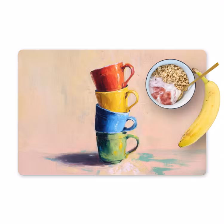 Mokken - Gestapeld - Keramiek - Kleurrijk Placemat vinyl groot -zzzproduct_Kitchenyeah-website