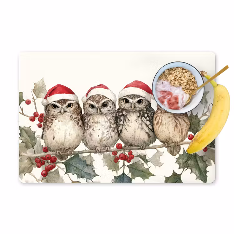 Uilen - Tak - Hulstblaadjes - Kerstmuts Placemat vinyl groot -zzzproduct_Kitchenyeah-website