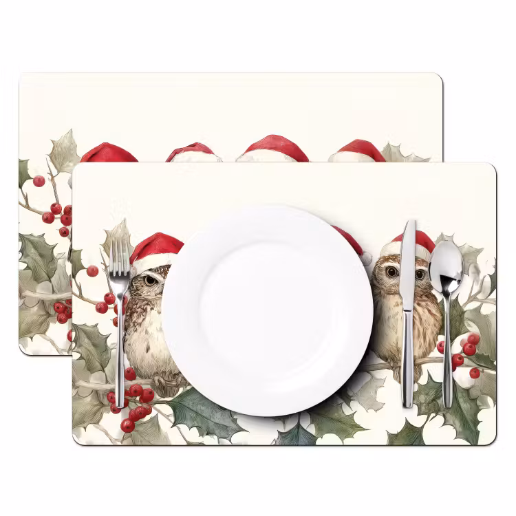 Uilen - Tak - Hulstblaadjes - Kerstmuts Placemat vinyl groot -zzsfeer2_Kitchenyeah-website