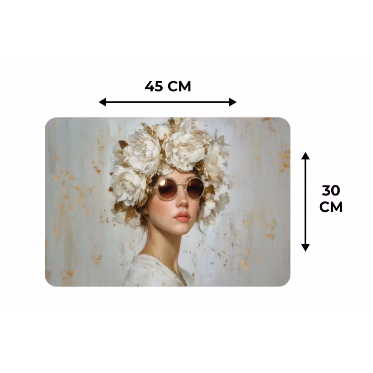 Schilderij - Vrouw - Zonnebril - Bloemenkrans Placemat vinyl groot -specs