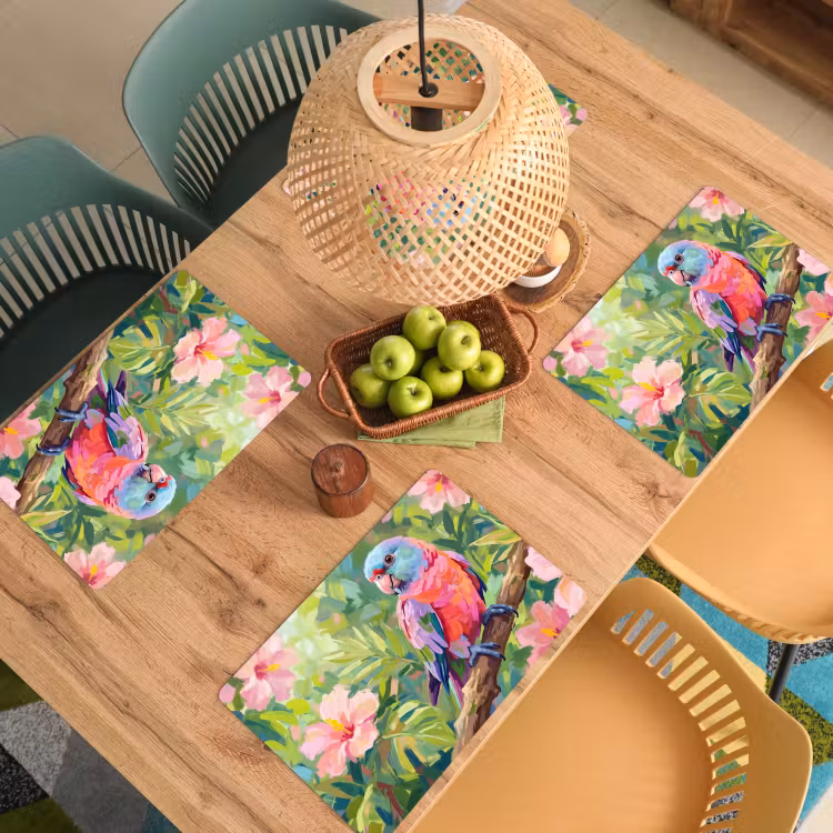 Papagaai - Hibiscusbloemen - Kleurrijk Placemat vinyl groot -zzsfeer5_Kitchenyeah-website