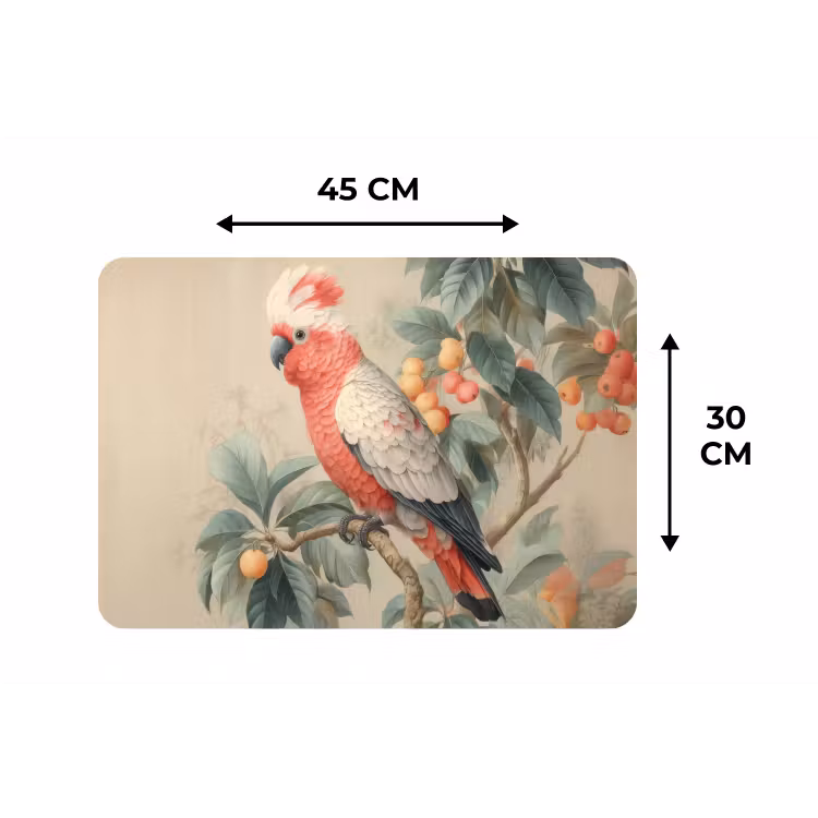 Roze kuifkaketoe - Tak met vruchten - Bladeren Placemat vinyl groot -specs