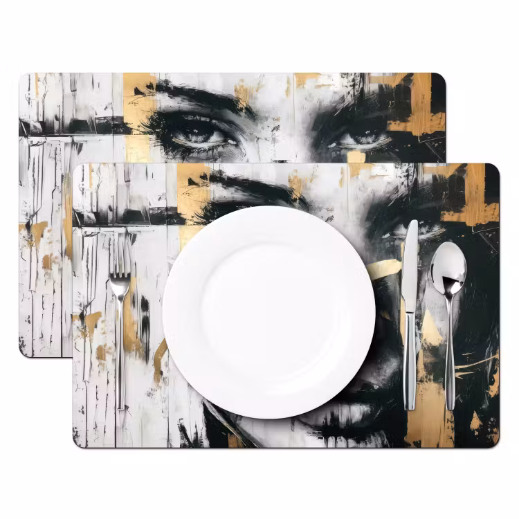 Portret - Vrouw - Penseelstreken - Goud Placemat vinyl groot -zzsfeer2_Kitchenyeah-website
