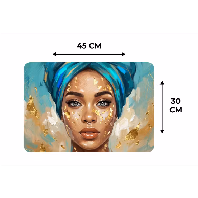 Portret - Vrouw - Schilderij - Blauw - Goud - Expressief Placemat vinyl groot -specs