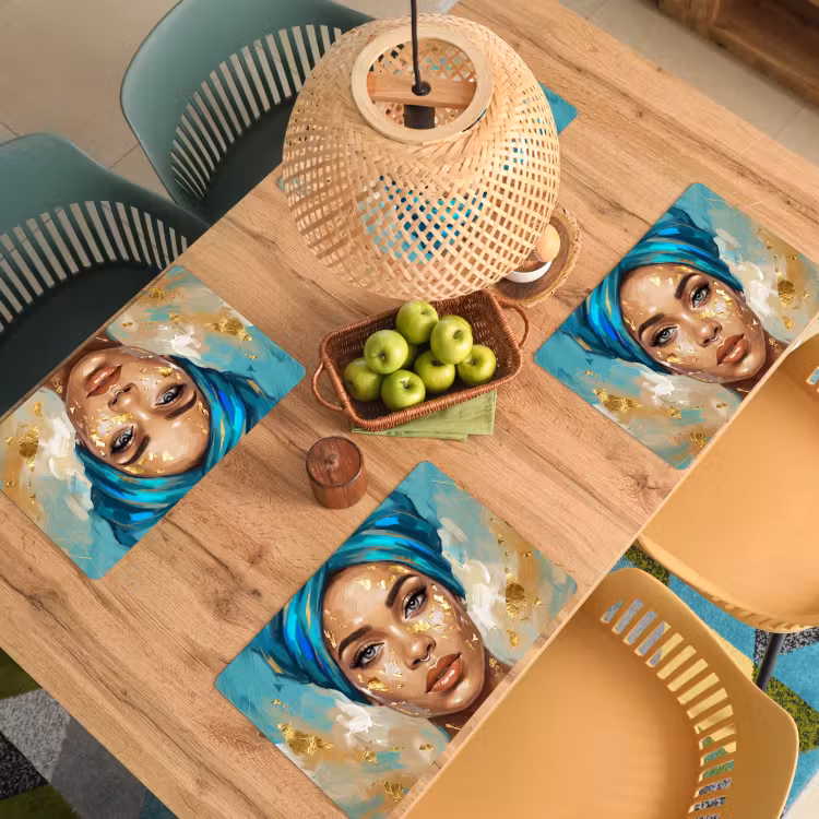 Portret - Vrouw - Schilderij - Blauw - Goud - Expressief Placemat vinyl groot -zzsfeer5_Kitchenyeah-website