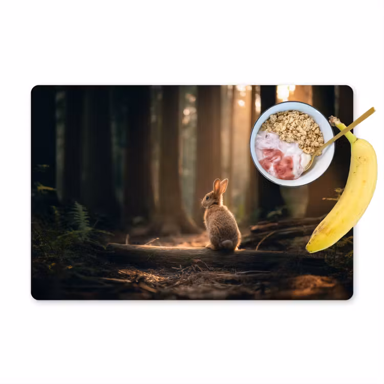 Konijn - Bos - Zonnestralen Placemat vinyl groot -zzzproduct_Kitchenyeah-website