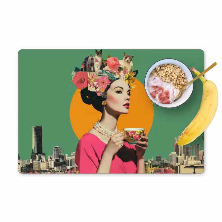 Retro - Vrouw - Stad - Zon Placemat vinyl groot -zzzproduct_Kitchenyeah-website