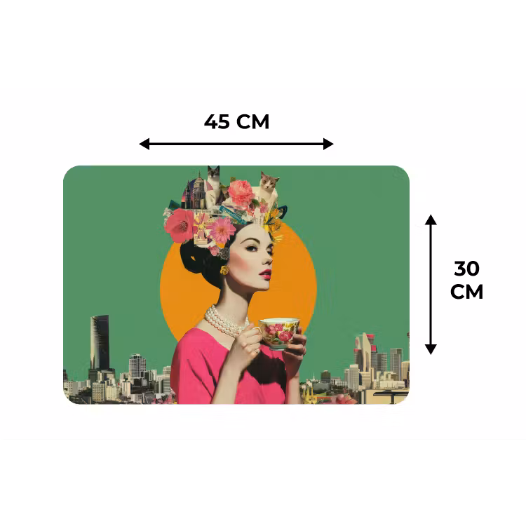 Retro - Vrouw - Stad - Zon Placemat vinyl groot -specs