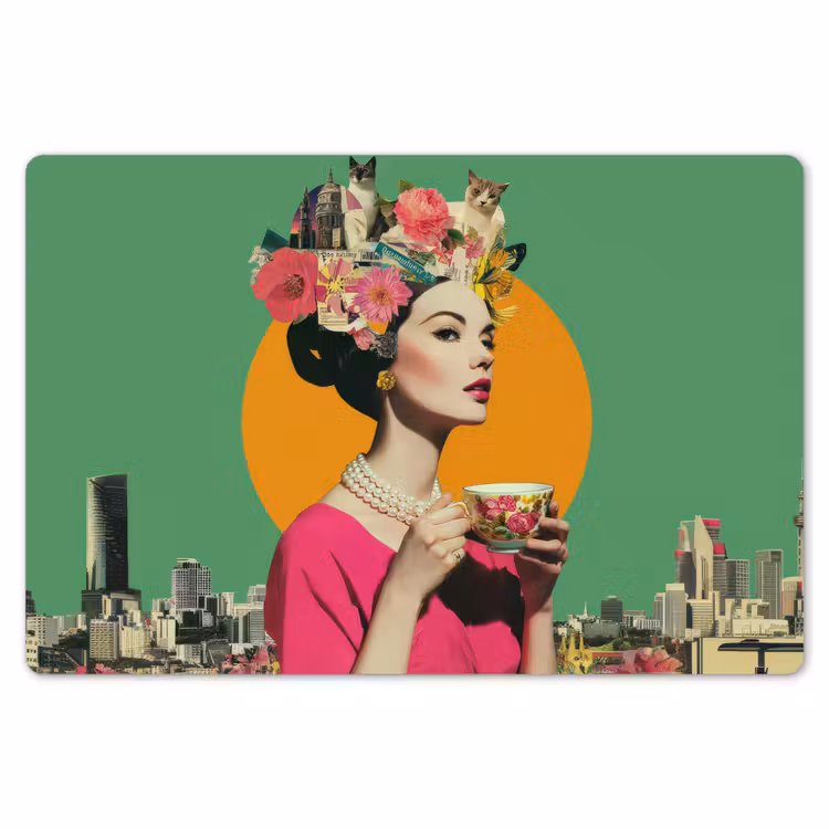 Retro - Vrouw - Stad - Zon Placemat vinyl groot -zzsfeer1_Kitchenyeah-website