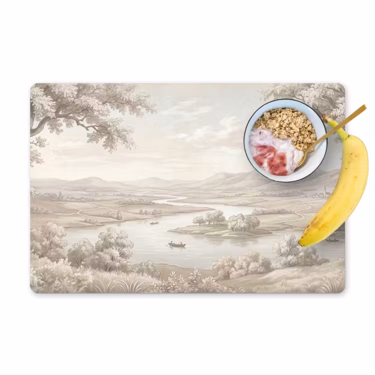 Rivierlandschap - Bergen - Natuur - Vintage - Beige Placemat vinyl groot -zzzproduct_Kitchenyeah-website