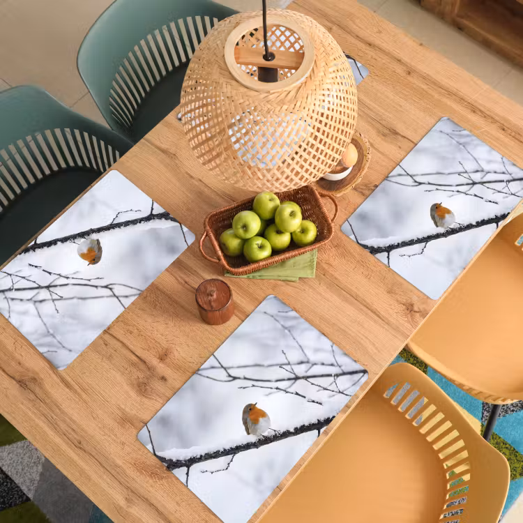 Roodborstje - Tak - Sneeuw - Winter - Levendig Placemat vinyl groot -zzsfeer5_Kitchenyeah-website