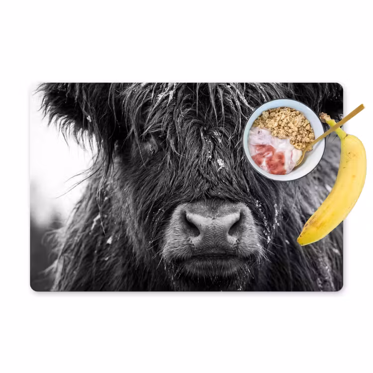 Schotse hooglander - Zwart - Wit - Sneeuwvlokken Placemat vinyl groot -zzzproduct_Kitchenyeah-website