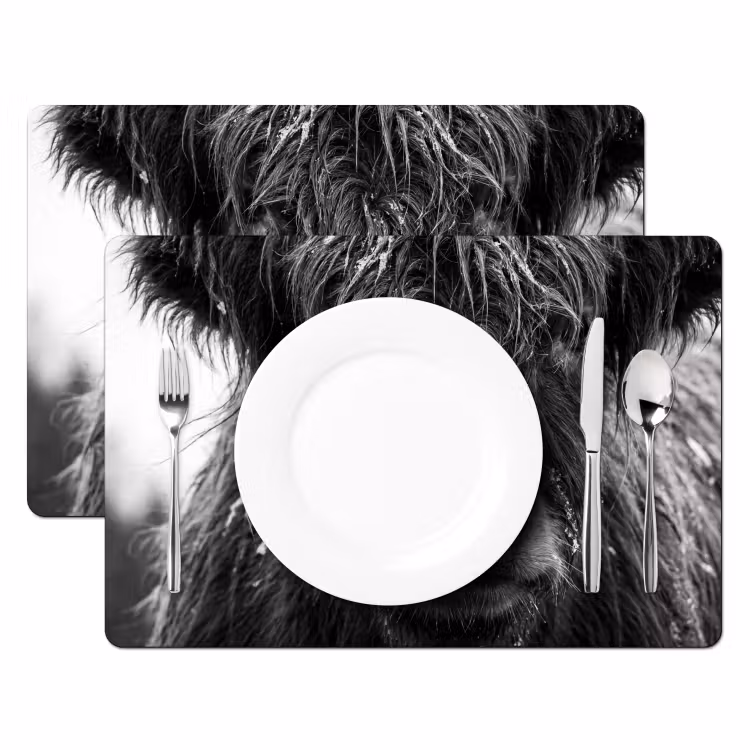 Schotse hooglander - Zwart - Wit - Sneeuwvlokken Placemat vinyl groot -zzsfeer2_Kitchenyeah-website