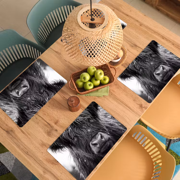 Schotse hooglander - Zwart - Wit - Sneeuwvlokken Placemat vinyl groot -zzsfeer5_Kitchenyeah-website