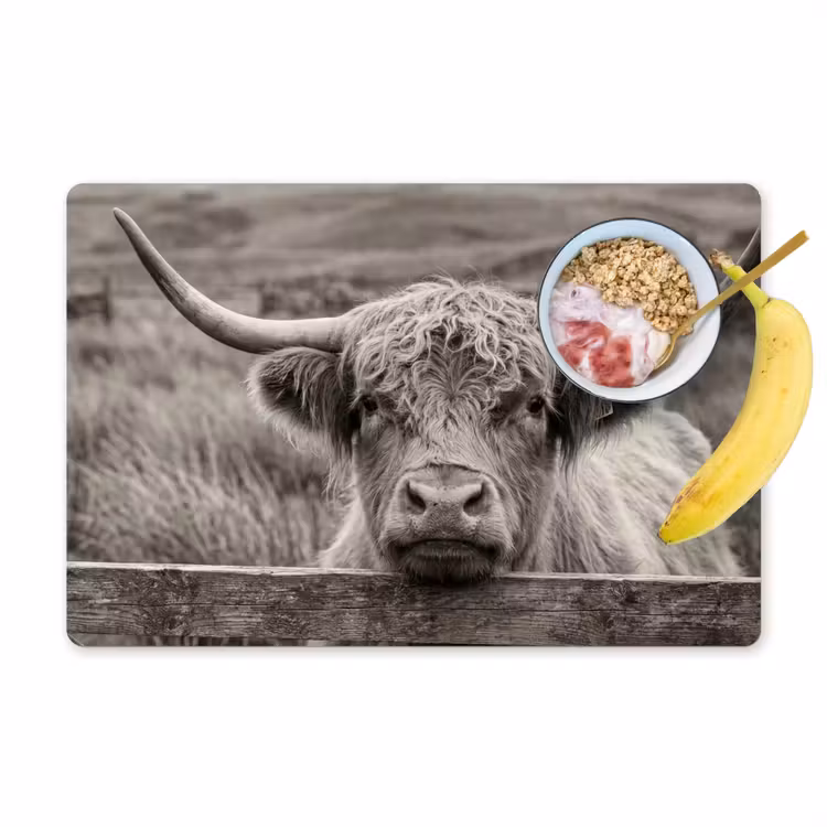 Schotse hooglander - Zwart - Wit - Hout Placemat vinyl groot -zzzproduct_Kitchenyeah-website