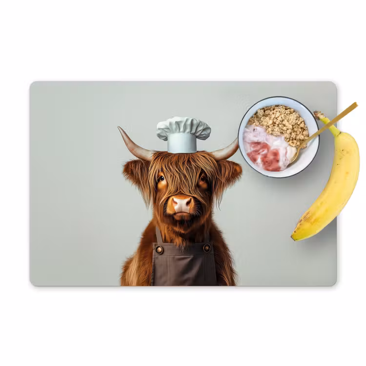 Schotse Hooglander - Bruin - Hoorns - Kokskleding Placemat vinyl groot -zzzproduct_Kitchenyeah-website