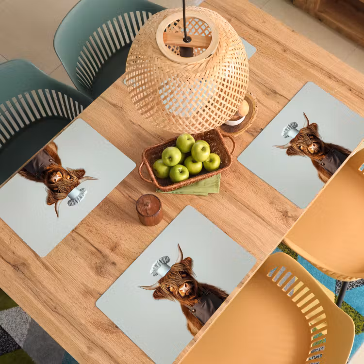 Schotse Hooglander - Bruin - Hoorns - Kokskleding Placemat vinyl groot -zzsfeer5_Kitchenyeah-website