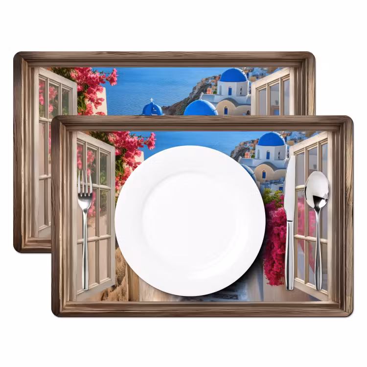 Doorkijk - Santorini - Landschap - Blauw - Grieks Placemat vinyl groot -zzsfeer2_Kitchenyeah-website