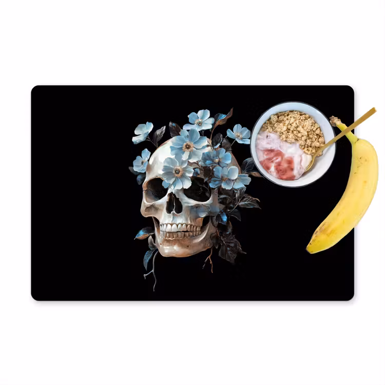 Schedel - Blauw - Bloemen - Bladeren Placemat vinyl groot -zzzproduct_Kitchenyeah-website