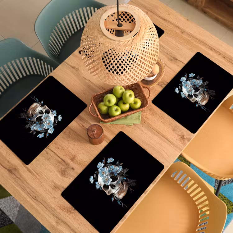 Schedel - Blauw - Bloemen - Bladeren Placemat vinyl groot -zzsfeer5_Kitchenyeah-website