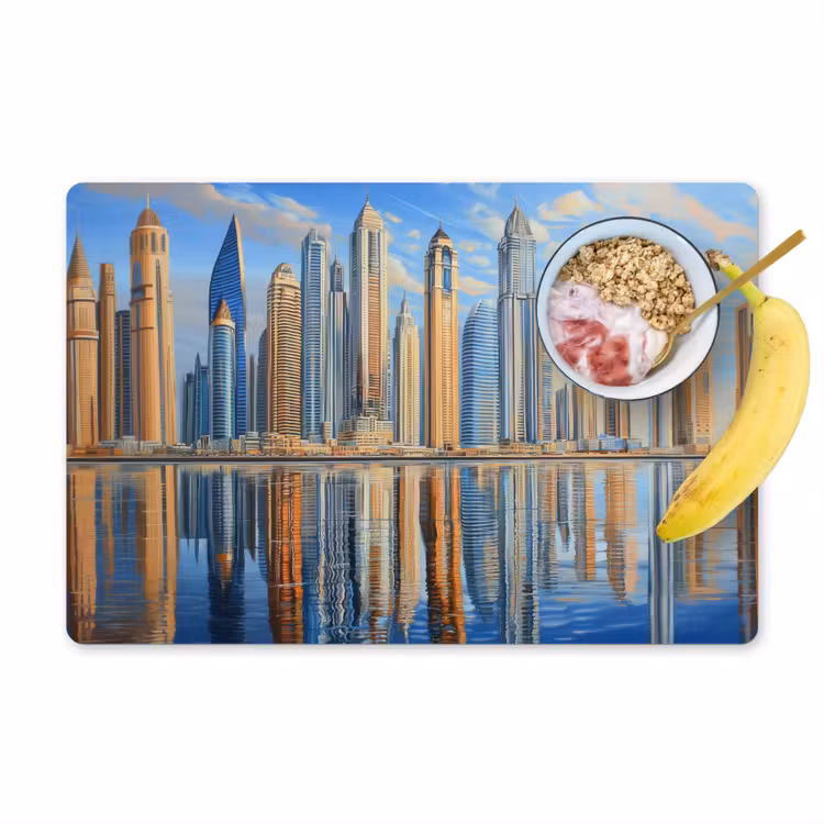 Skyline - Wolkenkrabbers - Water - Blauw Placemat vinyl groot -zzzproduct_Kitchenyeah-website