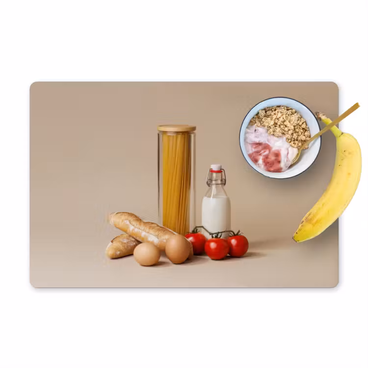 Spaghetti - Melk - Tomaten - Eieren - Brood Placemat vinyl groot -zzzproduct_Kitchenyeah-website